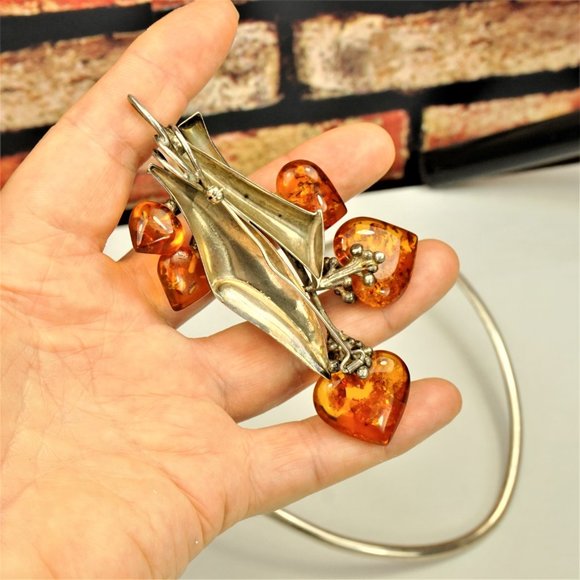 MASSIVE AMBER STERLING PENDANT & BROOCH WITH OMEGA WIRE NECKLACE, RARE JEWELRY - Picture 14 of 16